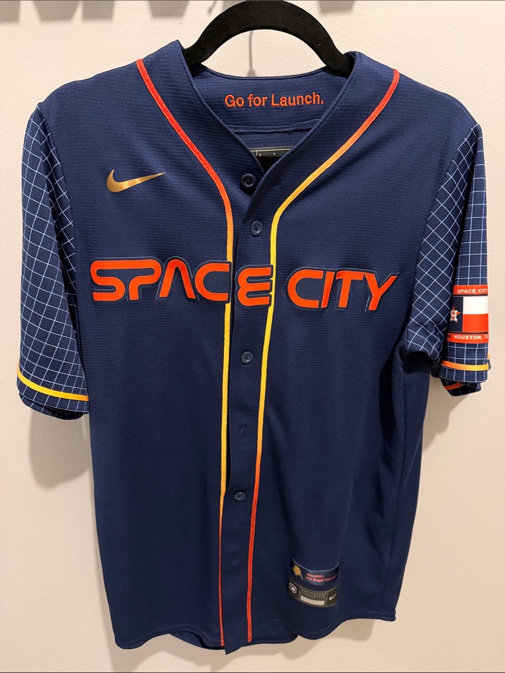 Nike Space City Astro’s Navy Baseball Jersey with Orange and Yellow Trim